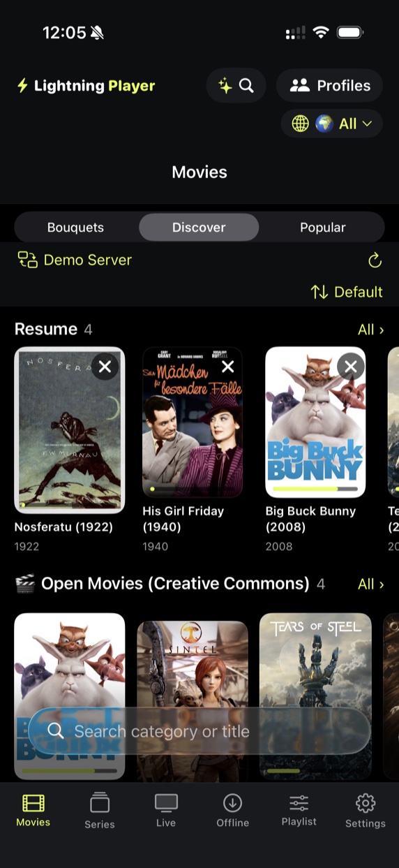 Lightning Player auf dem iPhone – Entdecken-Ansicht